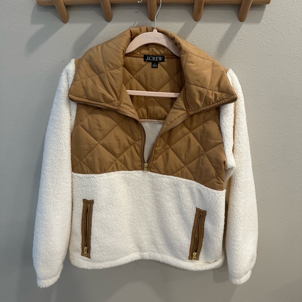J. Crew Quilted Camel and Ivory Sherpa Pullover Jacket